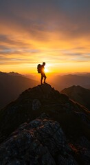 Silhouette of a lone hiker with a backpack standing on a rocky mountain peak at sunrise with dramatic golden orange sky and sunburst