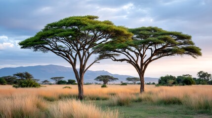 Obraz premium Acacia trees in golden light on African savanna