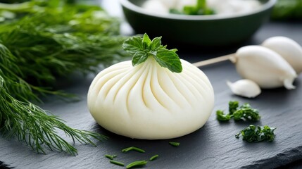 Close-up of Khinkali, a Traditional Georgian Dumpling, Garnished with Mint and Fresh Herbs on a Dark Stone Plate, Culinary Still Life