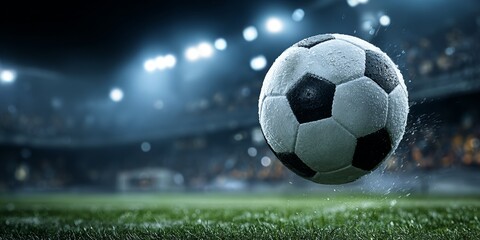 Exciting night soccer match with illuminated ball, vibrant crowd, and lush green field under lights