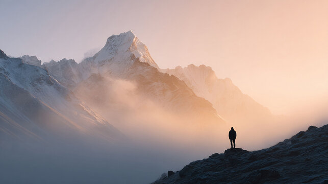 Lone figure contemplates majestic mountains shrouded in mist. Powerful imagery symbolizing solitude, challenge, and the beauty of nature. Ideal for travel, adventure, or inspirational themes.