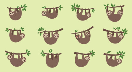 Obraz premium Cartoon sloths hanging from tree branches in a repeating pattern