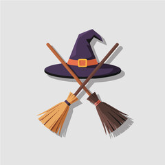 Witch hat over crossed brooms with a flat cartoon style in shadow