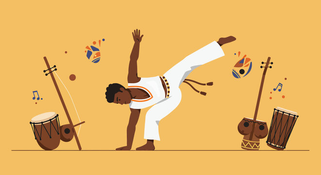 Capoeira practitioner in white uniform performing a move near traditional musical instruments