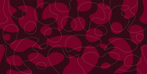 Monochromatic Abstract Camouflage Pattern. Seamless Texture with Wavy Organic Shapes, Subtle Halftone Dots, and White Swirling Outline Details in Deep Red and Maroon.
