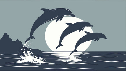 Obraz premium Joyful Dolphins Leap from Ocean Waves at Sunset, Inspiring Freedom and Adventure for Travel, Summer, and Nature Projects