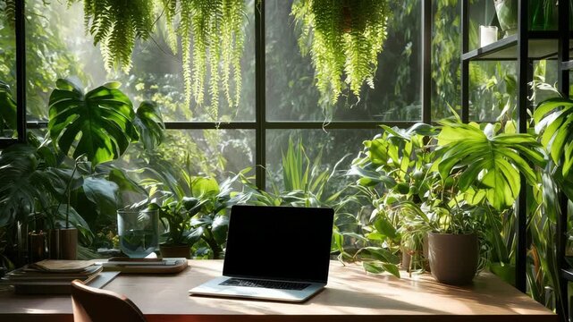 Serene Home Office Oasis With A Laptop Surrounded By Lush Greenery And Natural Sunlight Streaming Through A Large Window