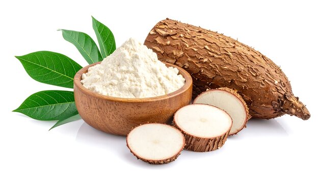 Tapioca flour in wooden bowl, roots, leaves, on white background