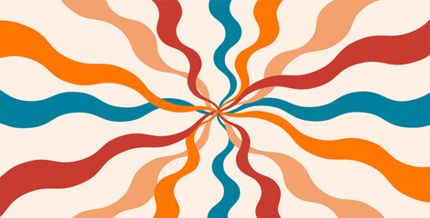 Retro 70s Abstract Wavy Background. Groovy Radial Pattern of Flowing Orange, Red, and Teal Lines Converging in the Center on a Cream Colored Backdrop.