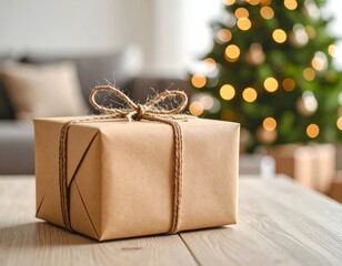 Rustic Kraft Paper Christmas Gift Box Jute Twine Bow Blurred Festive Tree Lights Cozy Living Room Wooden Table Holiday Decor​