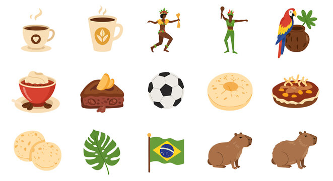 Fifteen vector icons representing Brazilian culture and nature arranged in three rows