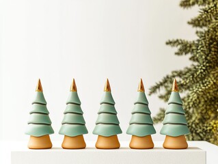 A row of green and gold clay Christmas tree figurines on white background, featuring minimalist design, matte texture, and soft lighting that highlights ceramic art forms. Ideal for holiday merchandis