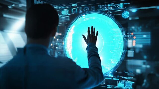 Man interacting with futuristic transparent touchscreen display - Powered by Adobe