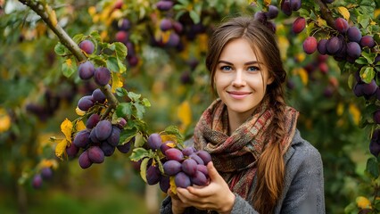 A beautiful young woman smiles while holding a large bunch of ripe purple plums, standing in a sunny autumn orchard during harvest time.