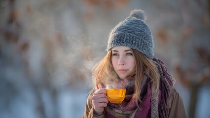 A beautiful young woman in a wool hat and scarf drinks a steaming glass of hot tea outdoors, finding comfort on a cold winter day.