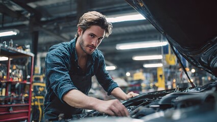 A handsome young professional mechanic with a beard looks directly at the camera while working on a car engine in a modern, brightly lit garage.