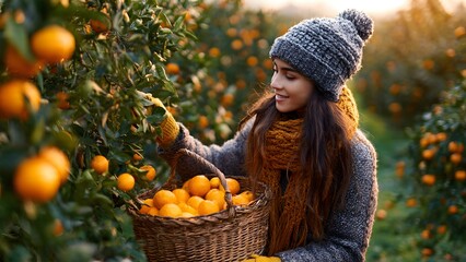 A smiling young woman in a winter hat and scarf is harvesting ripe oranges into a basket in a sunny citrus orchard during the cold season.