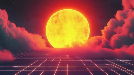 Glowing sun rising over retro futuristic grid landscape - Powered by Adobe