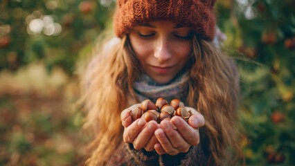 A young woman wearing a wool hat holds a handful of freshly harvested hazelnuts in their shell, looking down at the natural autumn bounty outdoors.