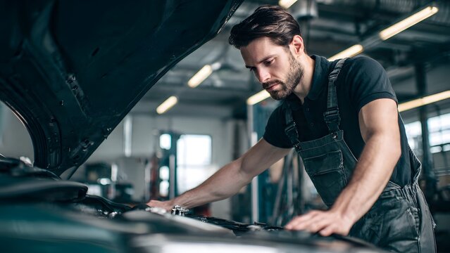 Professional mechanic in overalls inspects and services a car engine in a clean, brightly lit, modern auto repair shop.