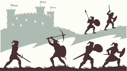 Obraz premium Medieval Knights Battle Fiercely Before Castle Walls, Epic Fantasy War Scene for Game Design, Historical Storytelling, and Themed Events