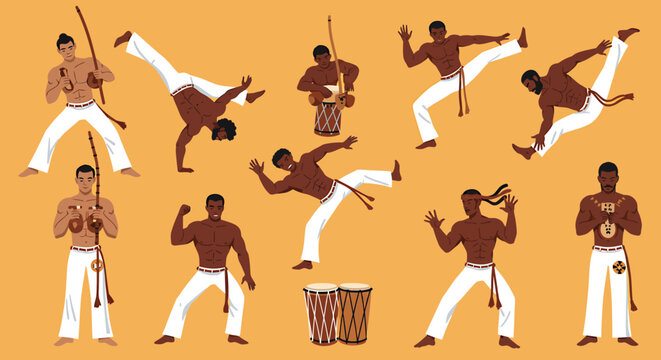Illustration of diverse male Capoeira practitioners in white pants performing moves and playing instruments against a solid orange background