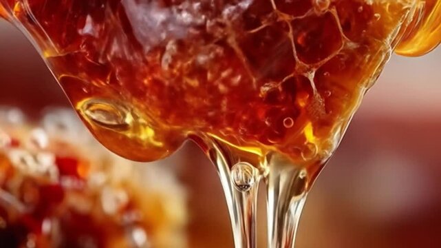 Close up of flowing honey and honeycomb structure food background