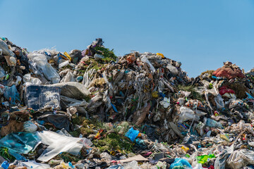 A large mound of garbage sits under a clear blue sky, showcasing the significant waste problem affecting our ecology