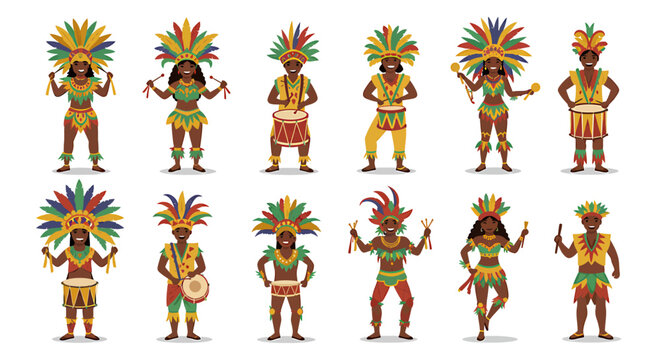 Ten illustrated figures in colorful feathered carnival costumes holding drums or rhythm instruments