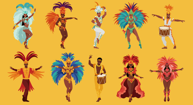 Ten stylized figures in vibrant carnival costumes against a solid yellow background