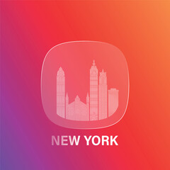 NYC, USA New York state: icon and logo prototype with glass liquid effect. Flat emblem with shapes of landmarks. Concept for mobile app, sticker, web element