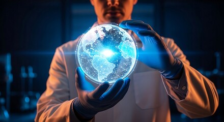 Scientist Holding Glowing Globe, Symbolizing Global Research and Technology