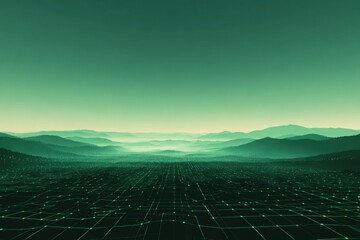 Abstract digital landscape with grid and mountain silhouette, teal green aesthetic