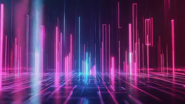 Abstract neon light cityscape visualizing digital data technology