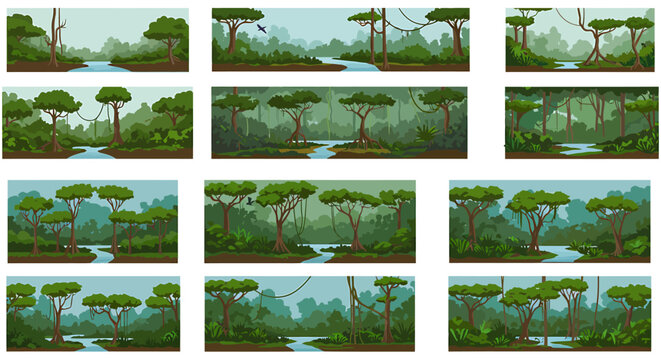 Twelve varied horizontal jungle river scenes with lush green vegetation and trees
