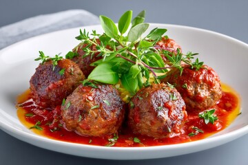 Fototapeta premium Italian spaghetti with meatballs and fresh herbs