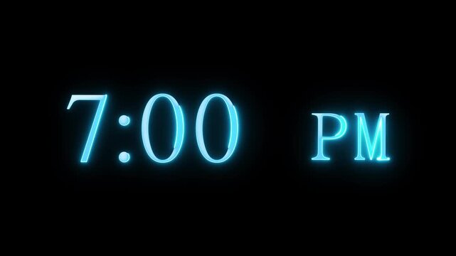 7:00 pm text animation background. Neon glowing text animation.