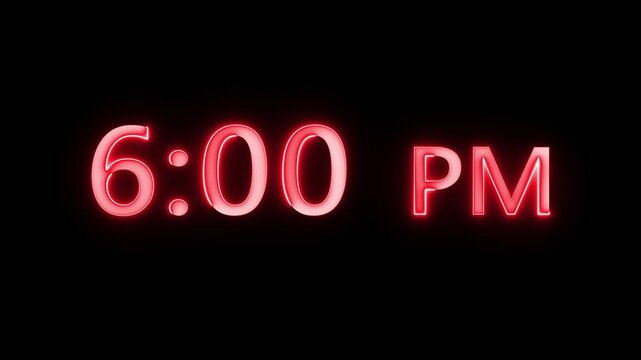 6:00 pm text animation background. Neon glowing text animation.