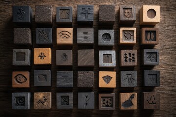 A collection of thirty-six wooden blocks with unique carvings arranged in a neat grid on a wooden surface