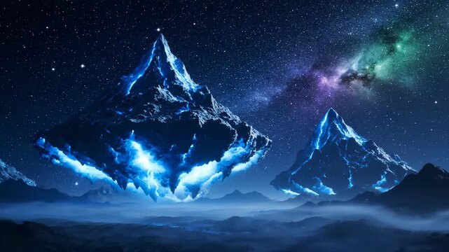 Ethereal floating mountains glow with mystical blue light, suspended above a tranquil misty landscape under a vibrant nebula-filled night sky, creating a wondrous fantasy world