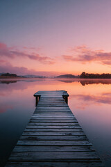 Obraz premium A serene landscape featuring a wooden pier extending into a calm lake. Sunrisesunset hues paint the sky, reflecting on the waters surface. Evokes peace, tranquility, and escape.
