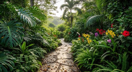 Lush Tropical Garden Path with Vibrant Flowers and Greenery.
