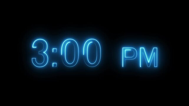 3:00 pm text animation background. Neon glowing text animation.