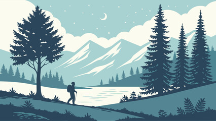 Adventurous Hiker Exploring Serene Mountain Lake Landscape Under Crescent Moon, Inspiring Outdoor Adventure, Travel, and Wellness for Digital Marketing and Web Design.