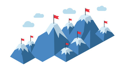 Flat style mountain peaks with red flags and snow caps in blue tones