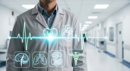 Medical Technology and Healthcare Innovation. Doctor in a hospital with a futuristic virtual interface showing a glowing EKG, heart, brain, and other organ icons.