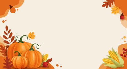 Celebrate autumn's harvest with this vibrant Thanksgiving background featuring pumpkins, corn, and fall leaves, perfect for seasonal promotions and festive designs