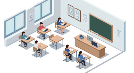 Isometric classroom design with students learning in modern school setting
