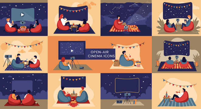 A grid of twelve distinct illustrations depicting outdoor cinema setups with people on bean bags
