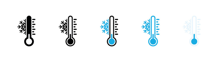 Low temperature indicators set. Freezing point and winter cold symbols in blue and black colors. Vector illustration isolated on white background.